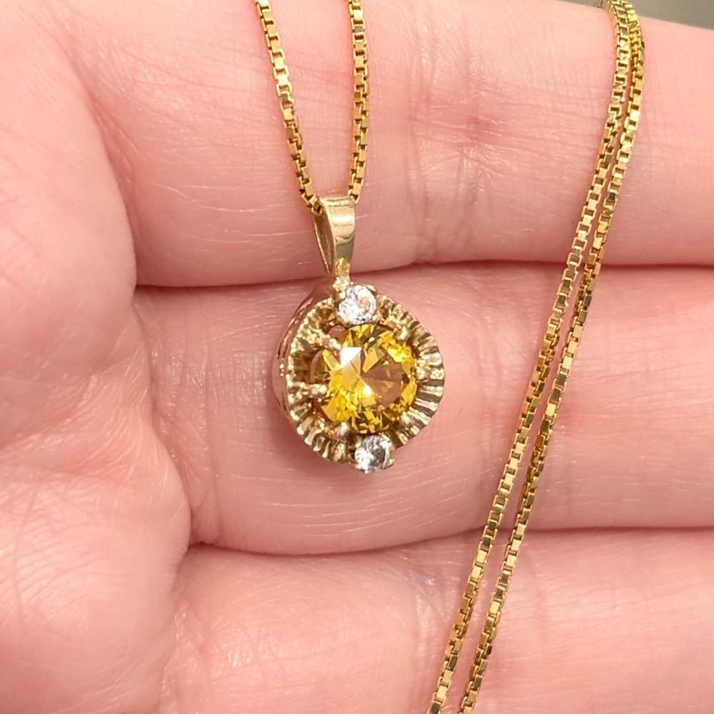 Vintage 10K Yellow Topaz Pendant, Small Petite, CZ Accent, Golden Regal Style - Picture 6 of 15